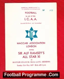 Maccabi Association v Alf Ramsey All Star X1 1967 - at Hendon - football programme