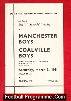 Manchester Boys v Coalville Boys 1951 - at Manchester City - football programme
