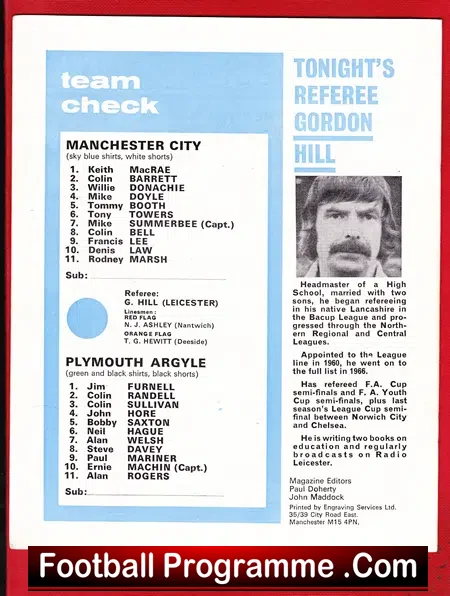 Manchester City v Plymouth Argyle 1974 – LC Semi Final 2nd Leg