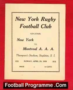 New York Rugby Football Club v Montreal A A A 1930 - First Year - rugby programme