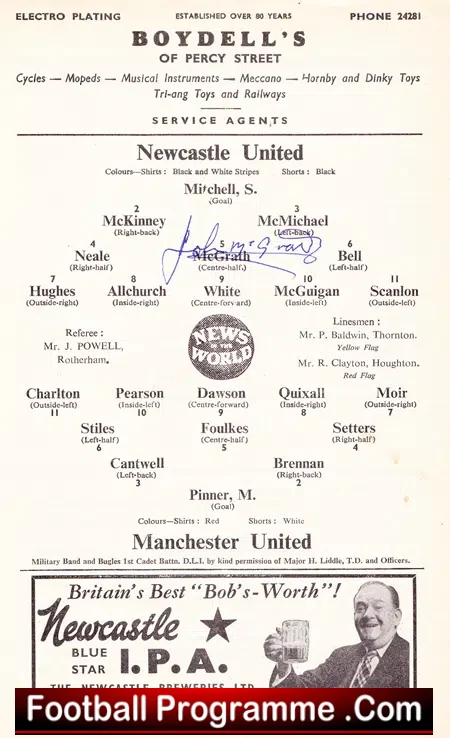 Newcastle United v Manchester United 1961 John McGrath Autograph