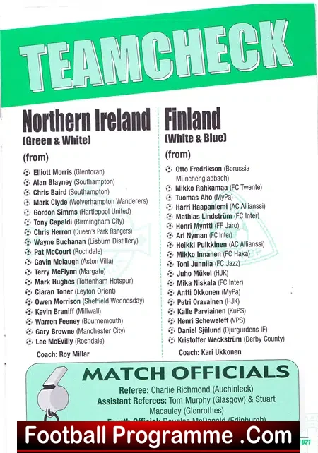 Northern Ireland v Finland 2003 – Under 21  U21 – in Lurgan