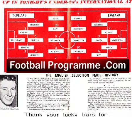 Scotland v England 1960 U23 International at Ibrox Denis Law Charlton