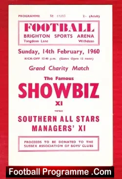 Showbiz X1 v Southern All Stars X1 1960 - at Brighton Arena - football programme