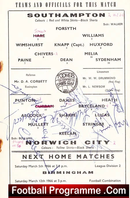 Southampton v Norwich City 1966 – Multi Autographed Signed