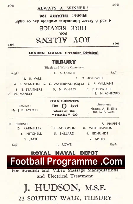 Tilbury v Royal Navy Depot 1947 – Friendly Match