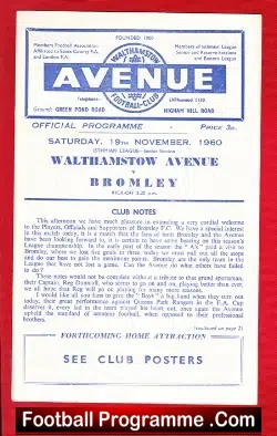 Walthamstow Avenue v Bromley 1960 - football programme