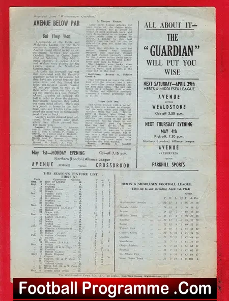 Walthamstow Avenue v Grays Athletic 1944 – War Time Cup Final