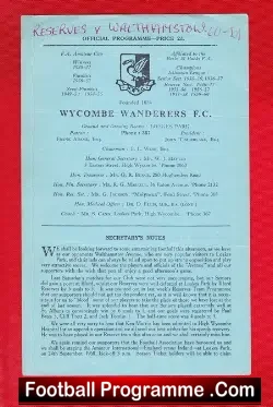 Wycombe Wanderers v Walthamstow Avenue 1960 - Reserves Match - football programme