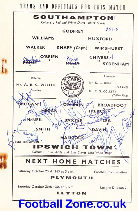Southampton v Ipswich Town 1965 - Multi Autographed