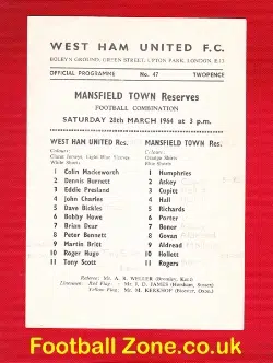 West Ham United v Mansfield Town 1964 – Reserves Match