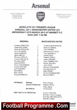 Arsenal v Manchester United 2013 - Under 21 Match - football programme