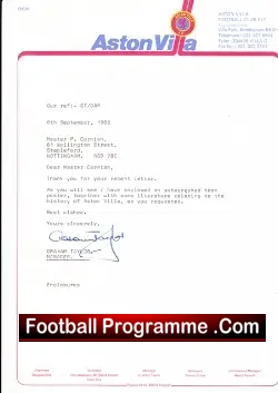 Aston Villa Graham Taylor Autograp Signed Official Letter 1988 - football memorabilia