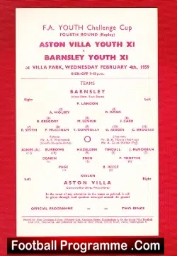 Aston Villa v Barnsley 1959 – Youth Match Single Sheet