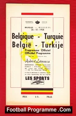 Belgium v Turkey 1958 - football programme