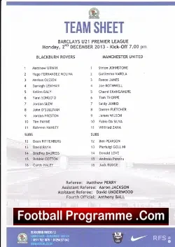 Blackburn Rovers v Manchester United 2013 - Under 21 Match - football programme