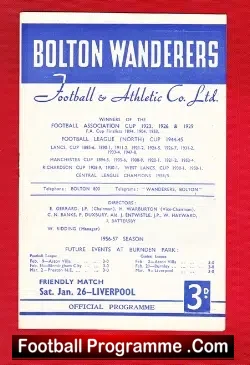 Bolton Wanderers v Liverpool 1957 - 1950s Friendly - football programme