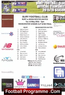 Bury v Manchester United 2016 - Senior Cup Semi Final Reserves - football programme