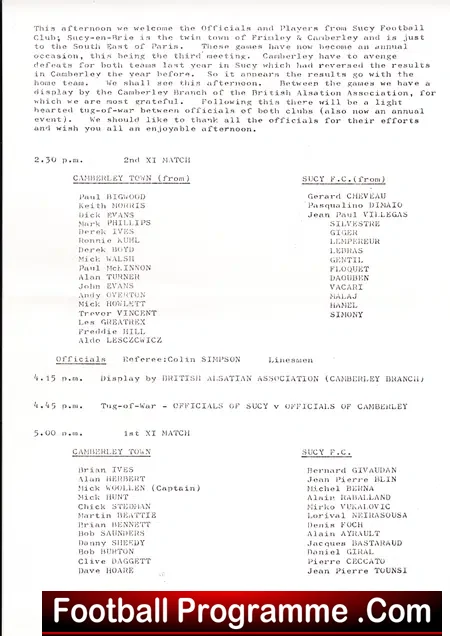 Camberley Town v Sucy 1973 – France – French