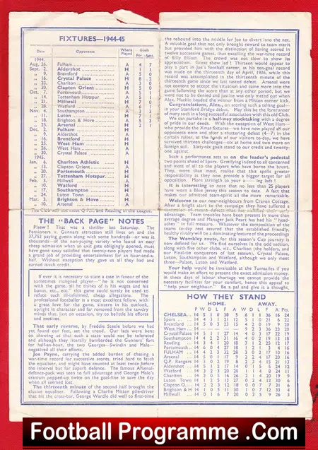 Chelsea v Fulham 1944 – Single Sheet War Time Issue