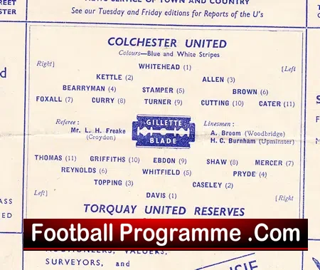 Colchester United v Torquay United 1948 - 1940s Reserves Match