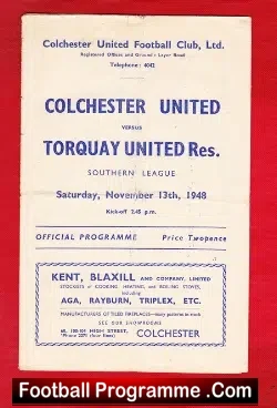 Colchester United v Torquay United 1948 - 1940s Reserves Match - football programme