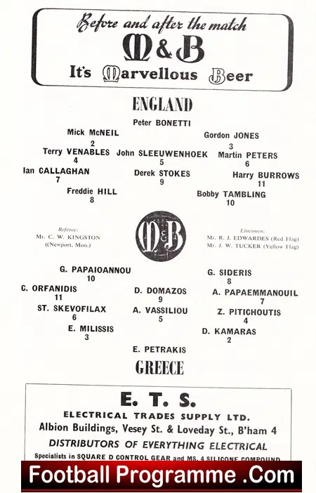 England v Greece 1962 – Under 23 at Birmingham City