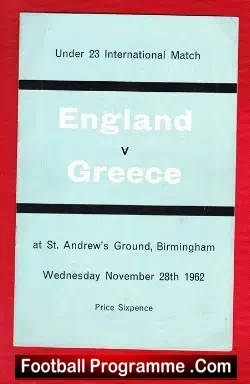 England v Greece 1962 - Under 23 at Birmingham City - football programme
