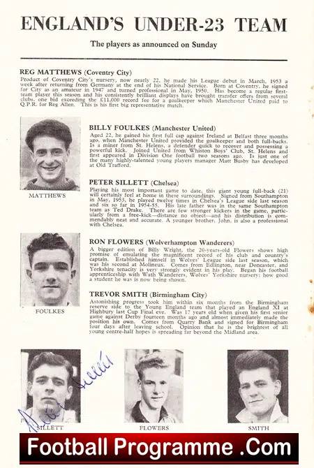 England v Italy 1955 – U23 at Chelsea – Multi Autographed Signed