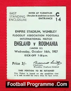 England v Romania 1957 – Under 23s Football Ticket U23