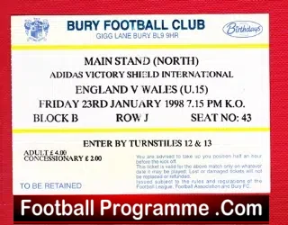 England v Wales 1998 – Football Ticket Under 15 at Bury