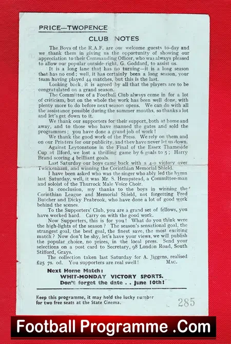 Grays Athletic v Royal Air Force RAF Brize Norton 1946