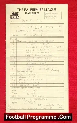 Manchester United v Nottingham Forest 1996 – Referee Team Sheet