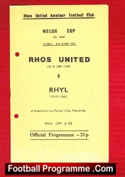 Rhos United v Rhyl 1976 - Welsh Amateur Cup Final - football programme