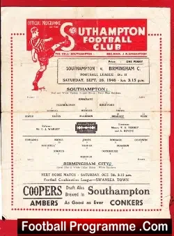 Southampton v Birmingham City 1946 – Single Sheet