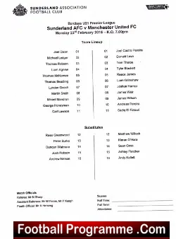 Sunderland v Manchester United 2015 - Under 21 Match - football programme