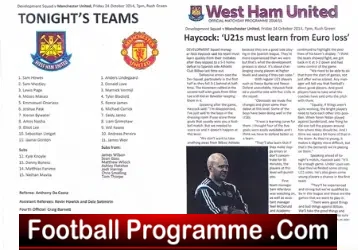 West Ham United v Manchester United 2014 - Under 21 Match - football programme