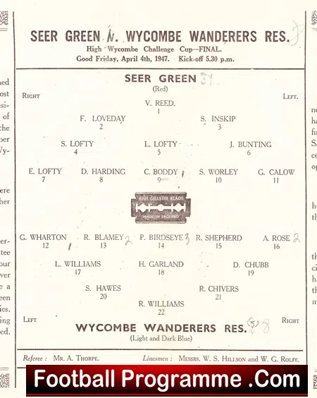 Wycombe Wanderers v Seer Green 1947 – Challenge Cup Final