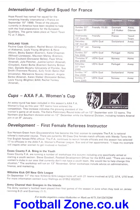 Womens Football Association Bulletin Letter Granada TV Comp 1999 Ladies