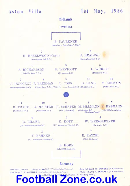 England v Germany 1956 - Youth Game at Swansea - Villa + Reading