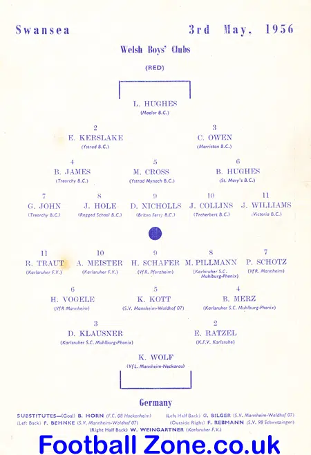 England v Germany 1956 - Youth Game at Swansea - Villa + Reading