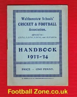Walthamstow Schools Football Cricket Handbook 1933 – 1934