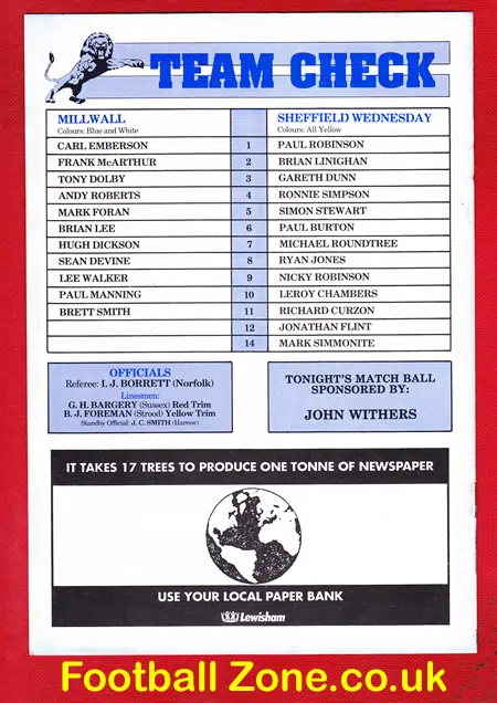 Millwall v Sheffield Wednesday 1991 – Youth Cup Final 2nd Leg