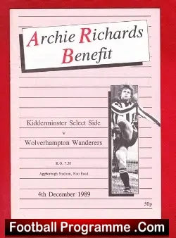 Archie Richards Testimonial Benefit Kidderminster Harriers 1989 - football programme