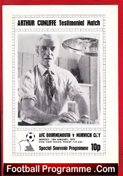 Arthur Cunliffe Testimonial Benefit Match AFC Bournemouth 1976 - football programme