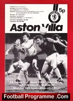 Aston Villa v Burnley 1978 - Youth Cup Semi Final - football programme