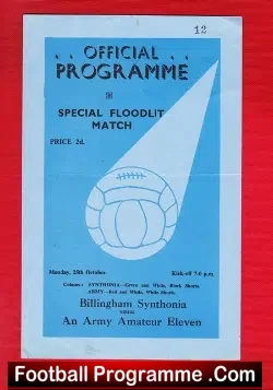 Billingham Synthonia v Army Amateur XI 1954 – Special Floodlight