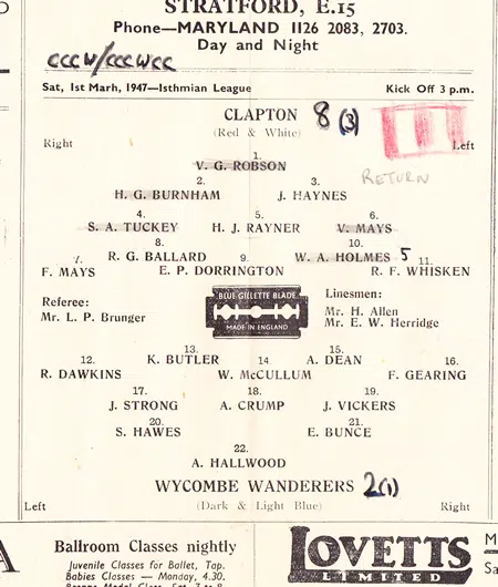 Clapton v Wycombe Wanderers 1947 – 40s