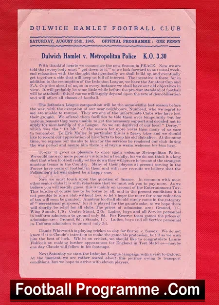 Dulwich Hamlet v Metropolitan Police 1945 – Single Sheet Wartime