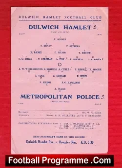 Dulwich Hamlet v Metropolitan Police 1945 – Single Sheet Wartime